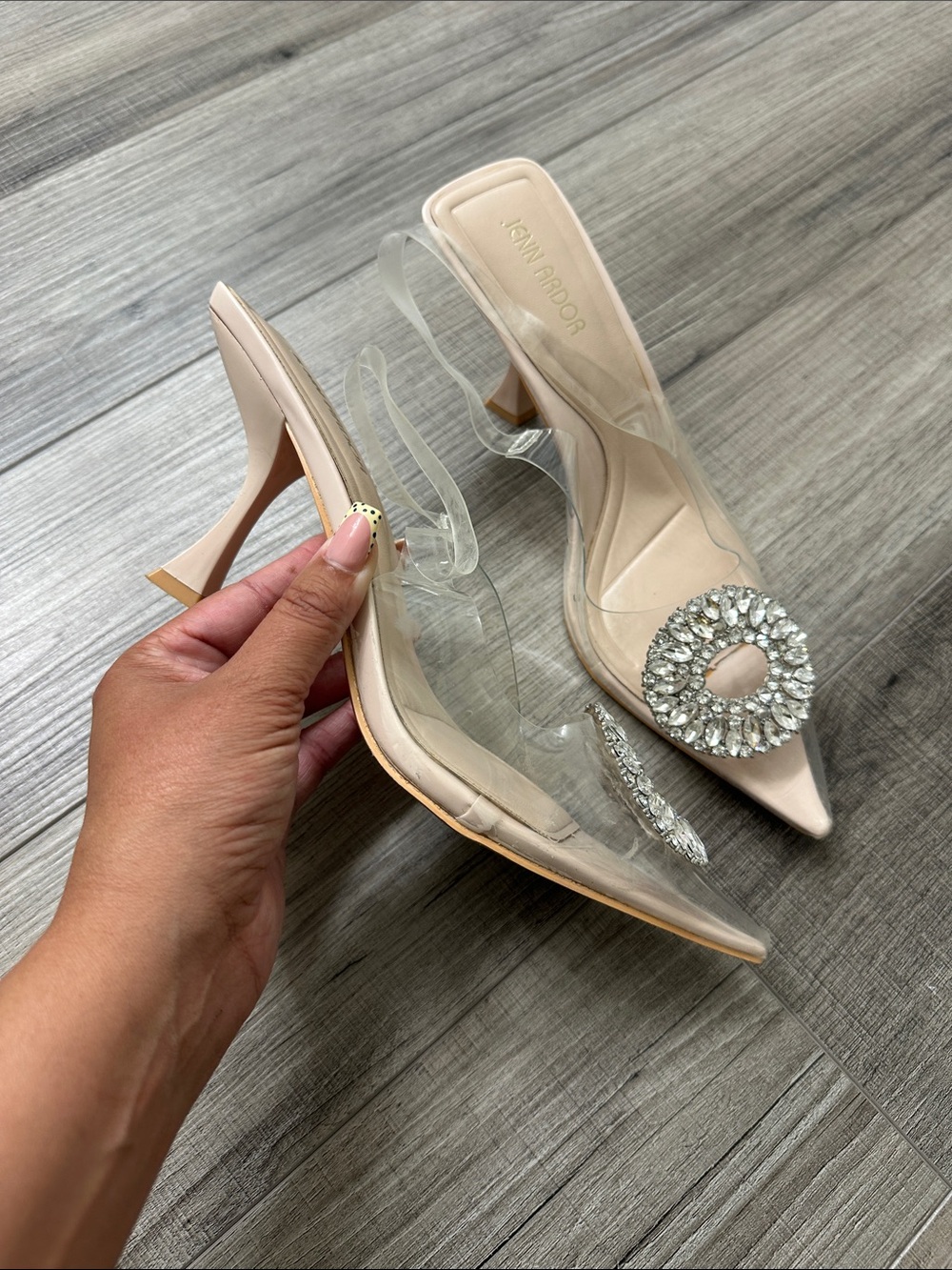 Jenn Ardor Nude Ivory Clear Slingback Heels with Crystal Brooch